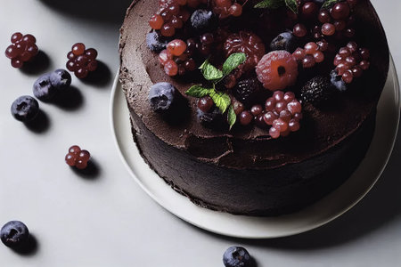 Chocolate cake with berries and mint on a gray background. Toned.の素材