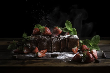 Chocolate cake with fresh strawberries and mint leaves on a black backgroundの素材