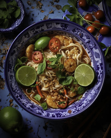 Thai noodle soup with shrimp, chili and coconut milk.の素材