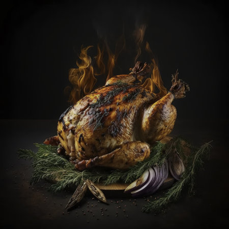 Whole roasted chicken with dill and rosemary on a black backgroundの素材