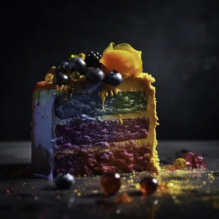 Rainbow cake with berries on a dark background. Selective focus.の素材