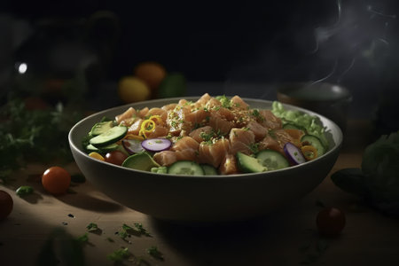 salmon salad with cucumber, tomato and onion on dark backgroundの素材