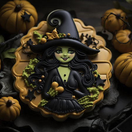 Halloween cookies with witch and pumpkins on dark wooden background.の素材