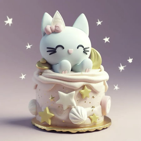Cute unicorn cake with stars and clouds. 3d illustration.の素材