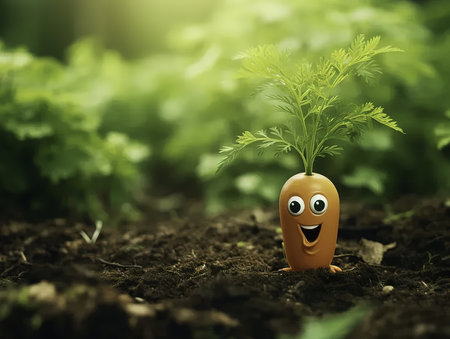 Carrot with happy face in the soil. Fresh organic food concept.の素材