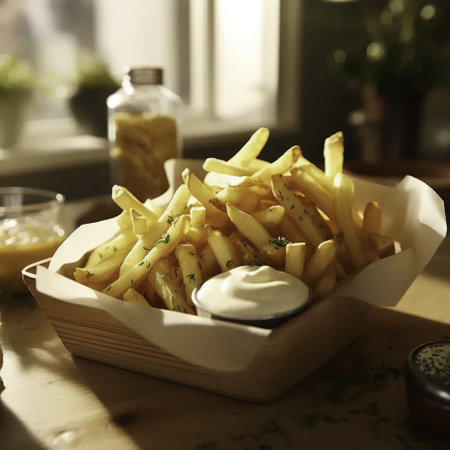French fries with mayonnaise and mayonnaise on wooden tableの素材