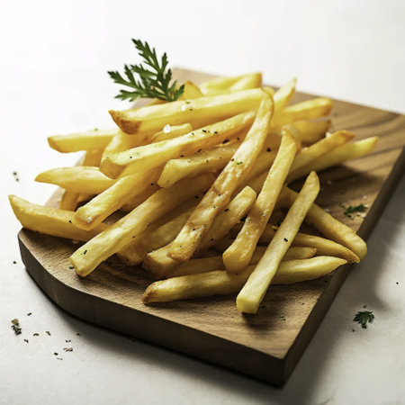 french fries on wooden board over white marble background, square imageの素材