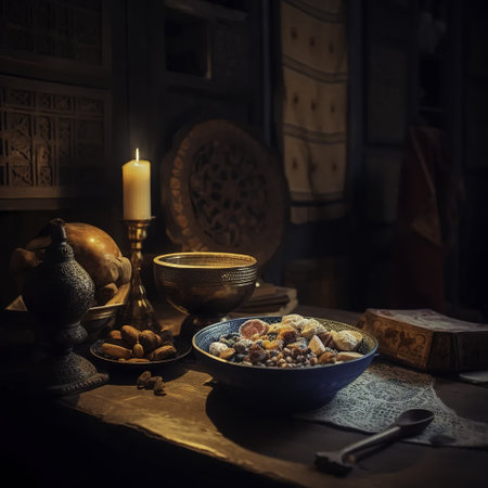 Still life with a bowl of dates, raisins and a cup of coffeeの素材
