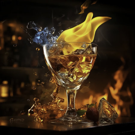 whiskey with ice and fire on the background of the fireplaceの素材