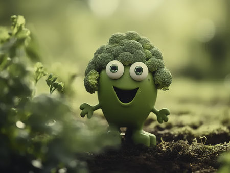 Funny green vegetable character standing in the garden. Healthy food concept.の素材