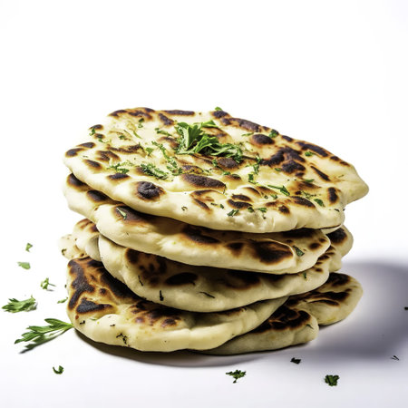 Indian naan bread with parsley on white background, selective focusの素材