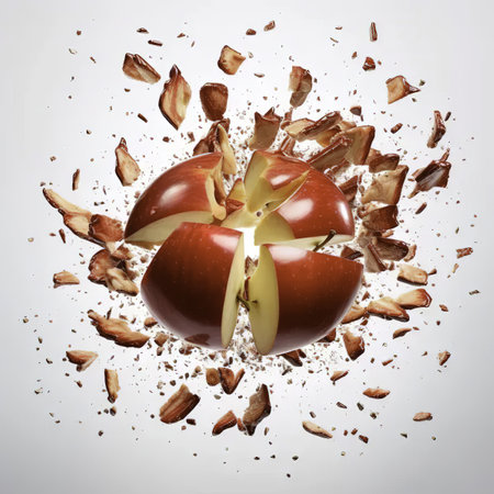 Red apple with broken pieces on white background. 3d illustration.の素材