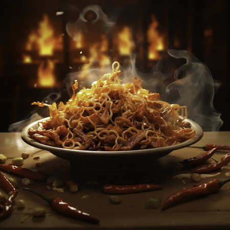 Fried noodle with chili pepper on wooden table in dark roomの素材