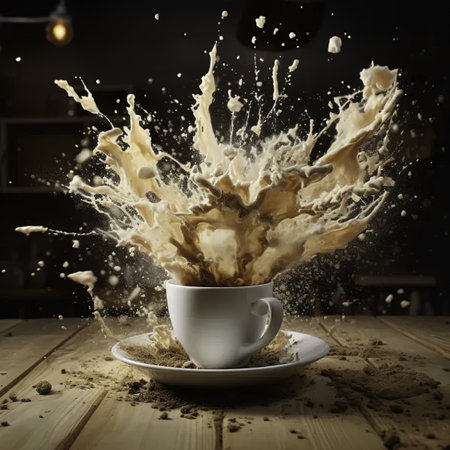Cup of coffee with splashes on a wooden table. Black background.の素材