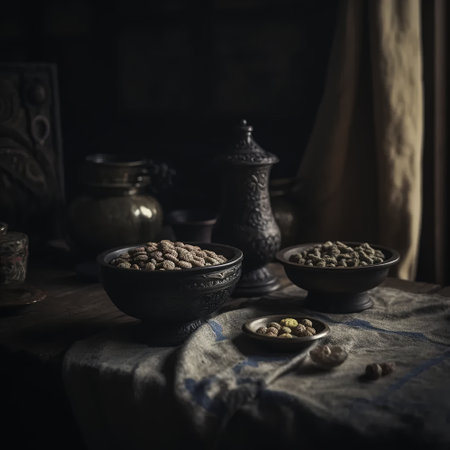 Still life with a bowl of coffee beans on a wooden table in a dark roomの素材