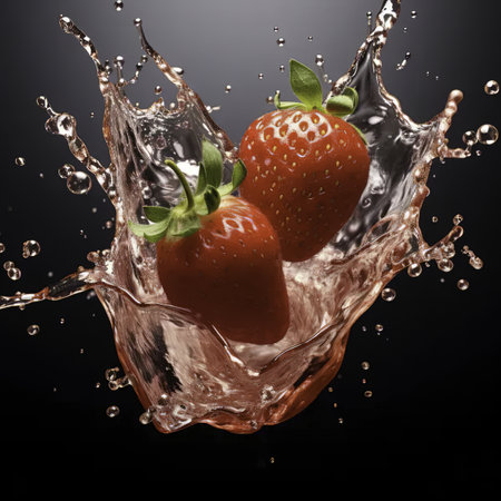 Strawberries in water splash on black background. 3d illustrationの素材