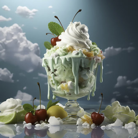 Ice cream with fruits and whipped cream in a glass vase.の素材