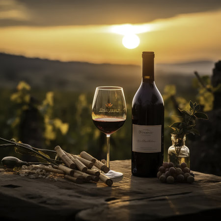 Wine bottle and glass of red wine on vineyard at sunsetの素材