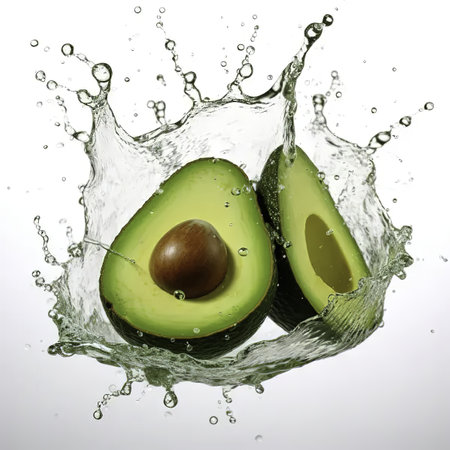 Avocado with water splash isolated on white background. 3d illustrationの素材