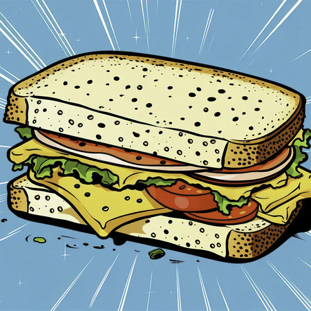 Illustration of a sandwich with cheese, lettuce, tomato and onionの素材