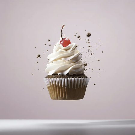 Cupcake with cream and cherry on a white background. 3d renderingの素材