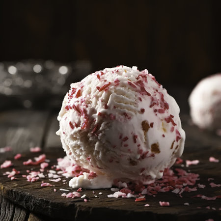 Homemade ice cream with pink sprinkles on a dark wooden backgroundの素材