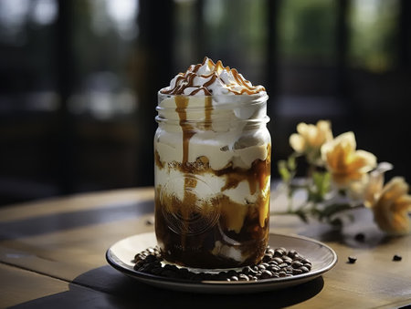 Iced coffee with whipped cream in a glass jar on wooden tableの素材