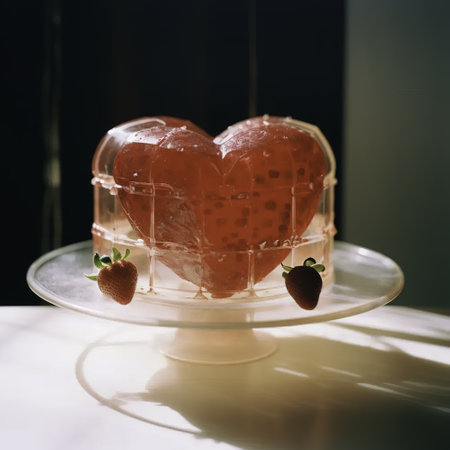 Strawberry cake in the shape of a heart on a glass plateの素材