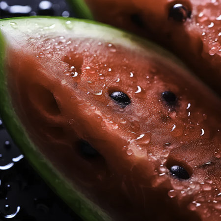 Close up of watermelon slices with water drops on black background.の素材