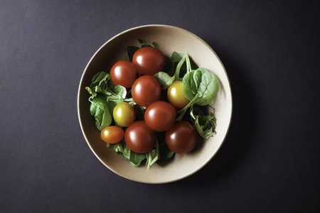 Fresh cherry tomatoes and spinach in a bowl on a dark background.の素材
