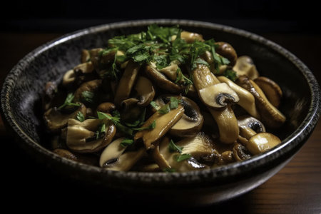 Mushrooms in a bowl with parsley on a wooden tableの素材