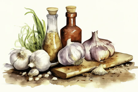 still life with garlic,garlic,garlic and olive oilの素材