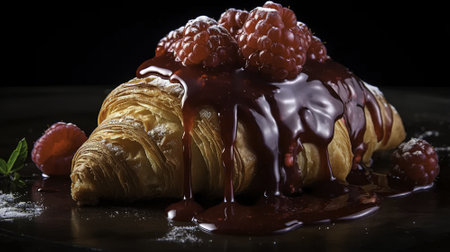 Croissant with raspberries and chocolate on a black backgroundの素材