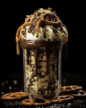 Chocolate ice cream with caramel in a glass jar on black backgroundの素材