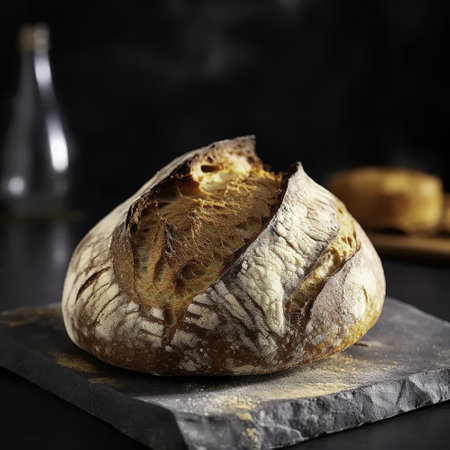 Freshly baked artisan sourdough bread loaf on black background.の素材