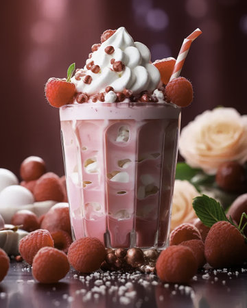 Raspberry milkshake with whipped cream and fresh raspberriesの素材