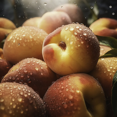 Fresh peaches with water drops on dark background, close-upの素材