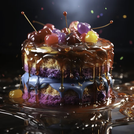 Chocolate cake with cherries and blue icing on a dark backgroundの素材
