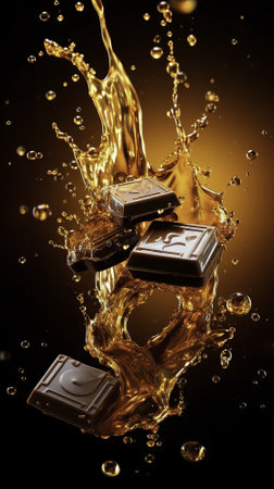 Chocolate pieces falling into water with splash, isolated on black backgroundの素材