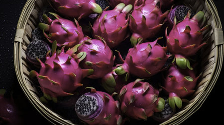 Dragon fruit in basket on black background, top view, close upの素材