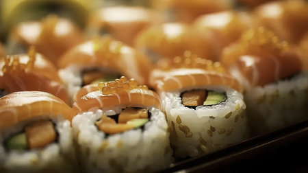 Sushi set in japanese restaurant. Sushi rolls close upの素材