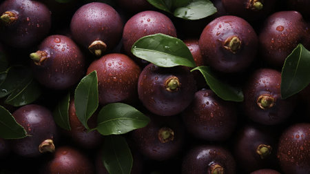 Close up view of fresh fig fruits with leaves and water drops.の素材