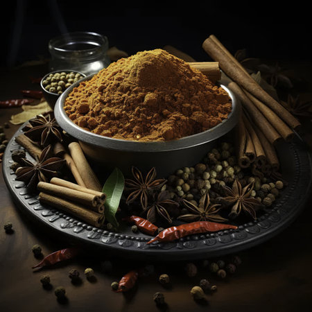 Spices and herbs on a dark background. Selective focus.の素材