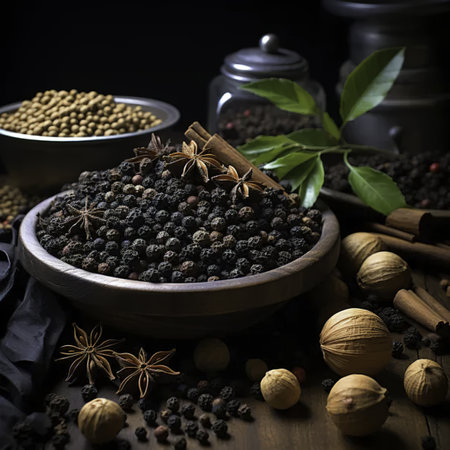 Black pepper in wooden bowl with spices on wooden table. Selective focus.の素材