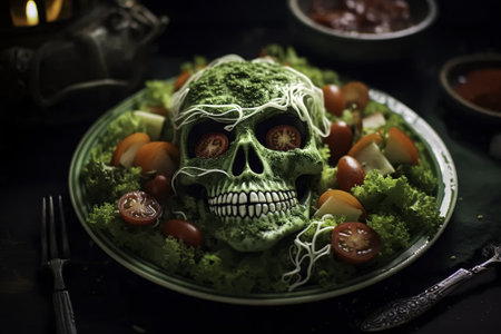 Skull and vegetable salad on dark background. Halloween and horror concept.の素材