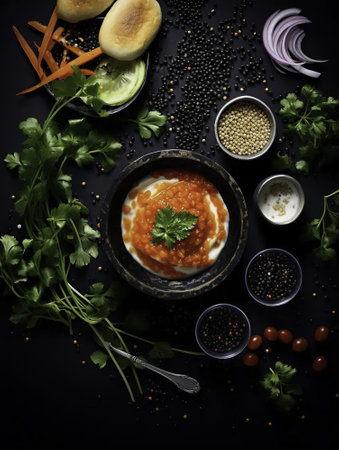 Black lentil soup with ingredients on a black background, top viewの素材