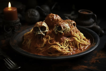 Spaghetti with meatballs and tomato sauce on a dark background.の素材