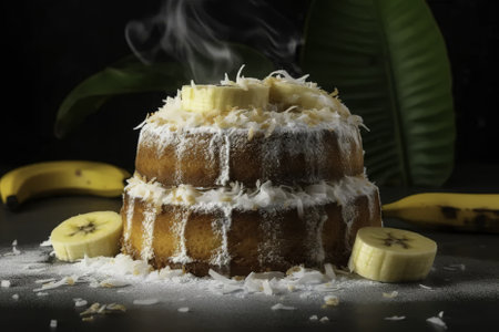 Banana cake with coconut flakes and banana slices on a black backgroundの素材