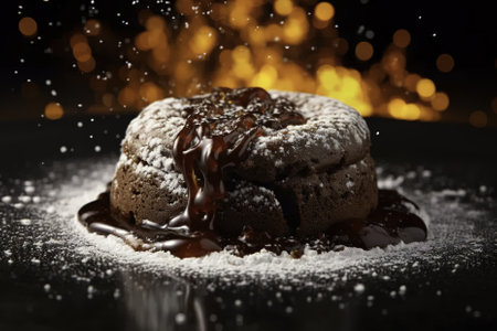 Chocolate bundt cake sprinkled with powdered sugar on a dark backgroundの素材