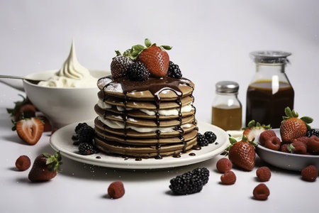 A stack of pancakes with fresh berries and cream on a white backgroundの素材